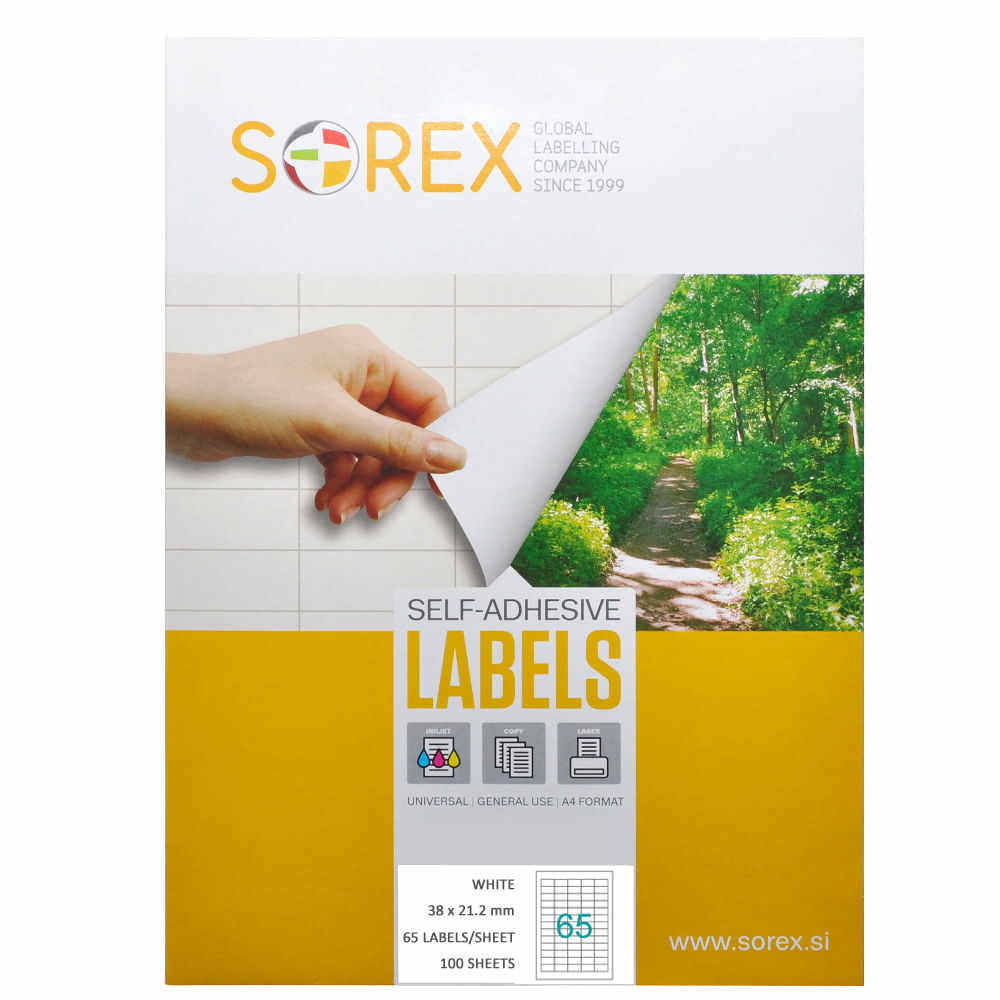 Etichete autoadezive Sorex, 65/A4, 38.1 x 21.2 mm Etichete autoadezive, 65/A4, 38 x 21.2 mm, alb, 100 coli/top