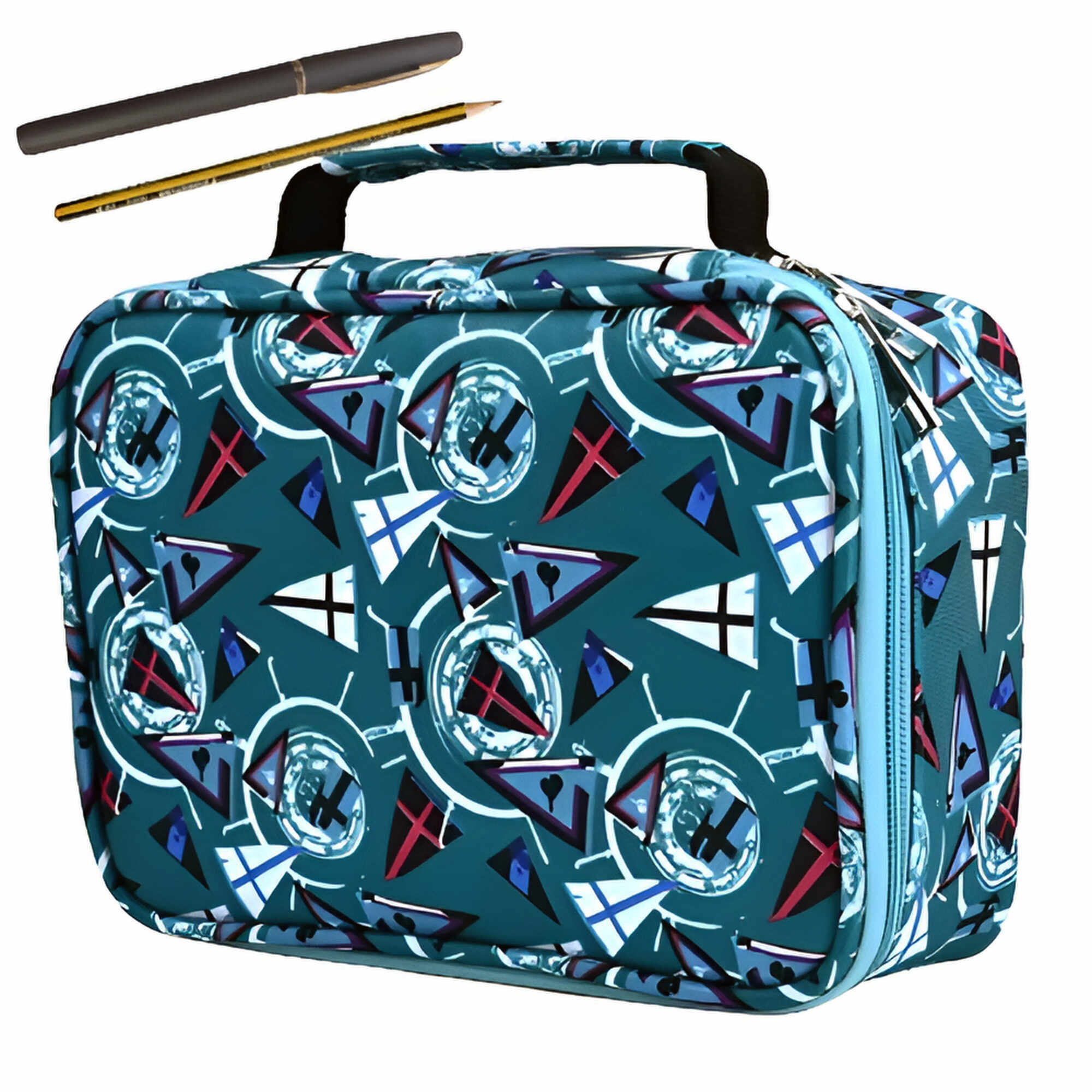 Penar ZEQAS tip geanta cu 4 compartimente, include un creion si un pix, capacitate 72 accesorii, lavabil, cu maner, culoare albastru,